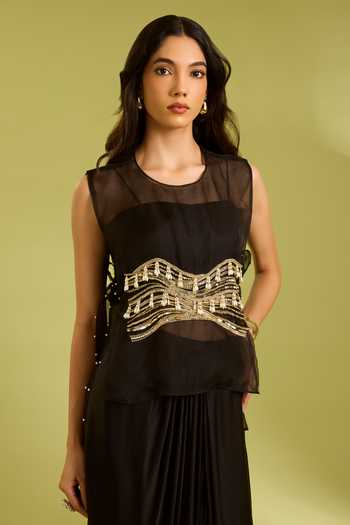 Ewoke_Black Georgette, Satin Round , Sweetheart Embroidered Jacket Skirt Set _at_Aza_Fashions