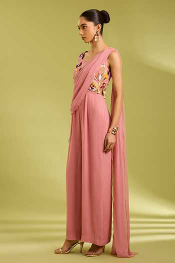 Ewoke Pink Georgette Sweetheart Neck Embroidered Jumpsuit Online at Aza Fashions Ewoke_Pink Georgette Sweetheart Neck Embroidered Jumpsuit _Online_at_Aza_Fashions