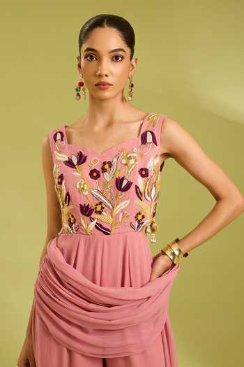 Buy Ewoke Pink Georgette Sweetheart Neck Embroidered Jumpsuit Online at Aza Fashions Buy_Ewoke_Pink Georgette Sweetheart Neck Embroidered Jumpsuit _Online_at_Aza_Fashions