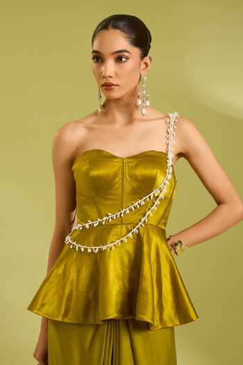 Buy Ewoke Olive Green Georgette, Satin Embellished Peplum Corset And Draped Skirt Set Online at Aza Fashions Buy_Ewoke_Olive Green Georgette, Satin Embellished Peplum Corset And Draped Skirt Set _Online_at_Aza_Fashions