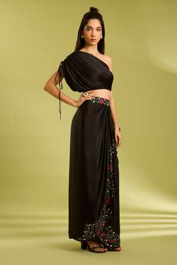 Ewoke Black Georgette, Satin One Shoulder Blouse And Draped Skirt Set Online at Aza Fashions Ewoke_Black Georgette, Satin One Shoulder Blouse And Draped Skirt Set _Online_at_Aza_Fashions