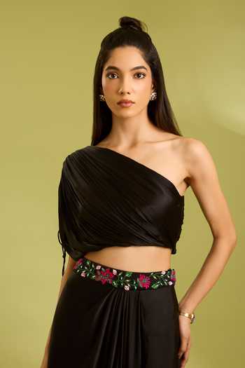Shop Ewoke Black Georgette, Satin One Shoulder Blouse And Draped Skirt Set Online at Aza Fashions Shop_Ewoke_Black Georgette, Satin One Shoulder Blouse And Draped Skirt Set _Online_at_Aza_Fashions