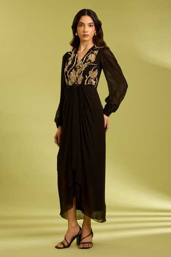 Ewoke Black Georgette V-neck Embroidered Draped Dress Online at Aza Fashions Ewoke_Black Georgette V-neck Embroidered Draped Dress _Online_at_Aza_Fashions