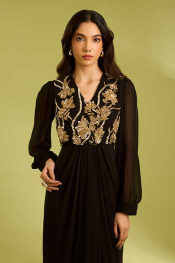 Buy Ewoke Black Georgette V-neck Embroidered Draped Dress Online at Aza Fashions Buy_Ewoke_Black Georgette V-neck Embroidered Draped Dress _Online_at_Aza_Fashions