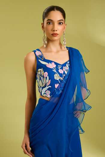 Buy Ewoke Blue Organza, Georgette Square Neck Ruffle Pre-draped Saree With Blouse Online at Aza Fashions Buy_Ewoke_Blue Organza, Georgette Square Neck Ruffle Pre-draped Saree With Blouse _Online_at_Aza_Fashions