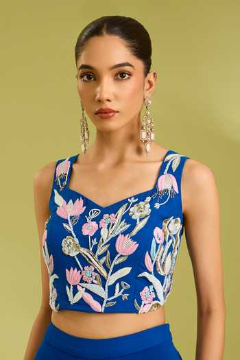 Shop Ewoke Blue Organza, Georgette Square Neck Ruffle Pre-draped Saree With Blouse Online at Aza Fashions Shop_Ewoke_Blue Organza, Georgette Square Neck Ruffle Pre-draped Saree With Blouse _Online_at_Aza_Fashions