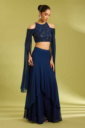 Ewoke Blue Georgette High Neck Embroidered Blouse And Lehenga Set Online at Aza Fashions Ewoke_Blue Georgette High Neck Embroidered Blouse And Lehenga Set _Online_at_Aza_Fashions