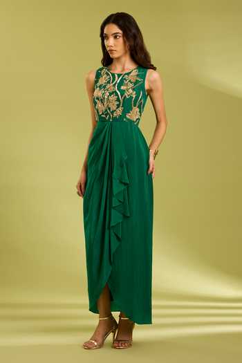 Ewoke Emerald Green Crepe Round Neck Tara Dress Online at Aza Fashions Ewoke_Emerald Green Crepe Round Neck Tara Dress _Online_at_Aza_Fashions