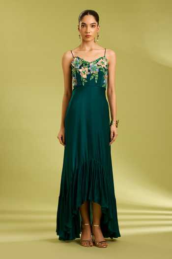 Ewoke Green Georgette, Satin Sweetheart Neck Embroidered Dress Online at Aza Fashions Ewoke_Green Georgette, Satin Sweetheart Neck Embroidered Dress _Online_at_Aza_Fashions
