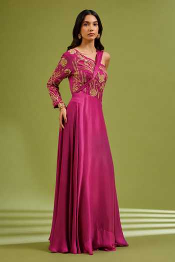 Ewoke Pink Georgette, Satin Sequins, Beads, Crystals One Shoulder Embroidered Gown Online at Aza Fashions Ewoke_Pink Georgette, Satin Sequins, Beads, Crystals One Shoulder Embroidered Gown _Online_at_Aza_Fashions