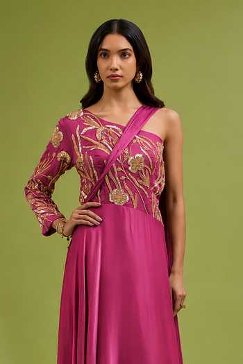 Buy Ewoke Pink Georgette, Satin Sequins, Beads, Crystals One Shoulder Embroidered Gown Online at Aza Fashions Buy_Ewoke_Pink Georgette, Satin Sequins, Beads, Crystals One Shoulder Embroidered Gown _Online_at_Aza_Fashions