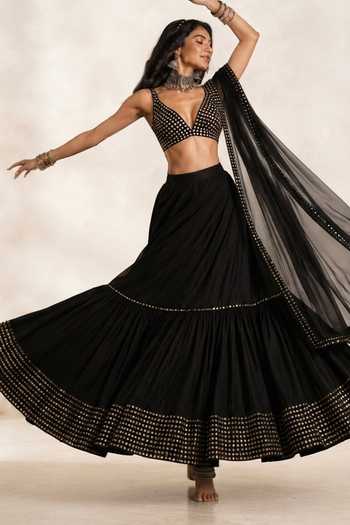 Monk & Mei By Sonia Anand Black Georgette, Shantoon V-neck Nazakat Embroidered Lehenga Set Online at Aza Fashions Monk & Mei By Sonia Anand_Black Georgette, Shantoon V-neck Nazakat Embroidered Lehenga Set _Online_at_Aza_Fashions