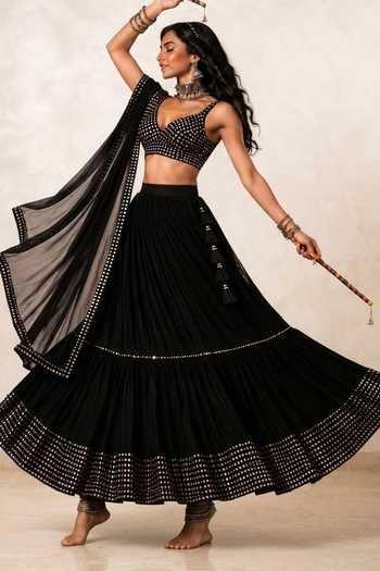 Buy Monk & Mei By Sonia Anand Black Georgette, Shantoon V-neck Nazakat Embroidered Lehenga Set Online at Aza Fashions Buy_Monk & Mei By Sonia Anand_Black Georgette, Shantoon V-neck Nazakat Embroidered Lehenga Set _Online_at_Aza_Fashions
