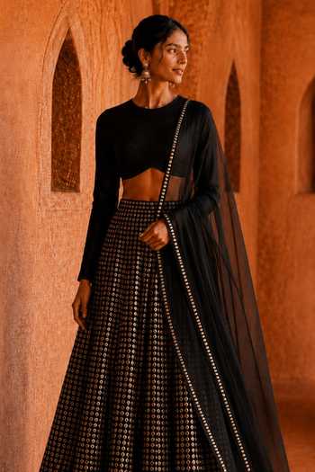 Monk & Mei By Sonia Anand_Black Silk, Georgette Round Neck Mehfil Embroidered Lehenga Set _Online_at_Aza_Fashions