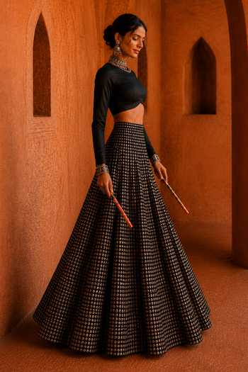Shop_Monk & Mei By Sonia Anand_Black Silk, Georgette Round Neck Mehfil Embroidered Lehenga Set _Online_at_Aza_Fashions