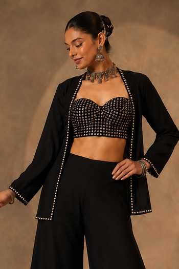 Monk & Mei By Sonia Anand_Black Georgette, Shantoon Mirrors Suroor Emboridered Jacket Palazzo Set _Online_at_Aza_Fashions
