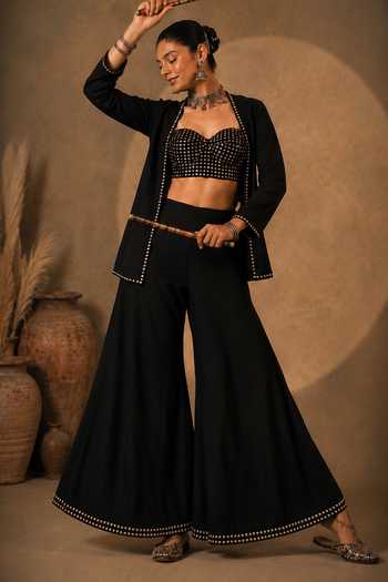 Buy_Monk & Mei By Sonia Anand_Black Georgette, Shantoon Mirrors Suroor Emboridered Jacket Palazzo Set _Online_at_Aza_Fashions