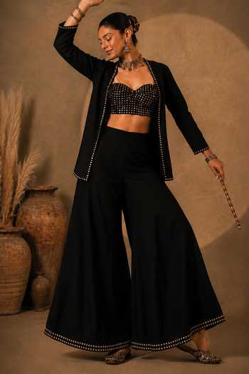Shop_Monk & Mei By Sonia Anand_Black Georgette, Shantoon Mirrors Suroor Emboridered Jacket Palazzo Set _Online_at_Aza_Fashions
