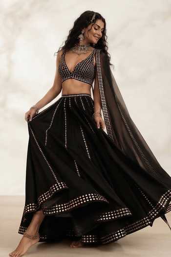 Monk & Mei By Sonia Anand Black Georgette, Shantoon V-neck Rangrez Embroidered Lehenga Set Online at Aza Fashions Monk & Mei By Sonia Anand_Black Georgette, Shantoon V-neck Rangrez Embroidered Lehenga Set _Online_at_Aza_Fashions