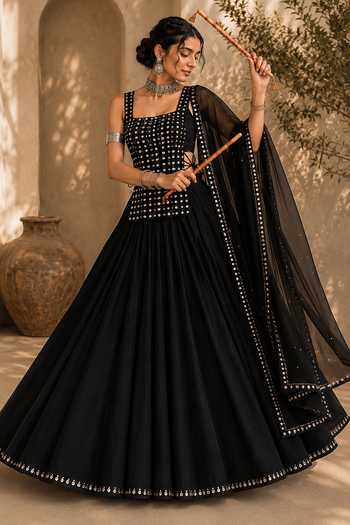 Monk & Mei By Sonia Anand Black Georgette Square Neck Noor Mirror-embellished Lehenga Set Online at Aza Fashions Monk & Mei By Sonia Anand_Black Georgette Square Neck Noor Mirror-embellished Lehenga Set _Online_at_Aza_Fashions