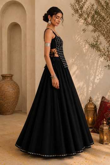 Buy Monk & Mei By Sonia Anand Black Georgette Square Neck Noor Mirror-embellished Lehenga Set Online at Aza Fashions Buy_Monk & Mei By Sonia Anand_Black Georgette Square Neck Noor Mirror-embellished Lehenga Set _Online_at_Aza_Fashions