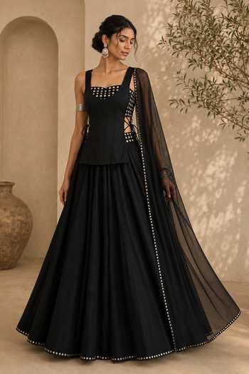 Shop Monk & Mei By Sonia Anand Black Georgette Sweetheart Neck Zyrah Emboridered Lehenga Set Online at Aza Fashions Shop_Monk & Mei By Sonia Anand_Black Georgette Sweetheart Neck Zyrah Emboridered Lehenga Set _Online_at_Aza_Fashions