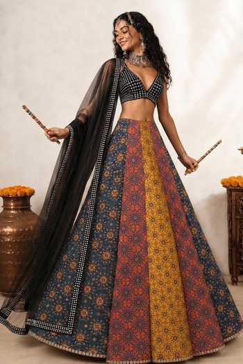 Shop Monk & Mei By Sonia Anand Black Georgette, Shantoon V-neck Mehrang Emboridered Lehenga Set Online at Aza Fashions Shop_Monk & Mei By Sonia Anand_Black Georgette, Shantoon V-neck Mehrang Emboridered Lehenga Set _Online_at_Aza_Fashions