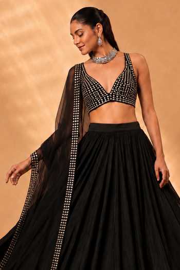 Shop Monk & Mei By Sonia Anand Black Georgette V-neck Gulrang Emboridered Lehenga Set Online at Aza Fashions Shop_Monk & Mei By Sonia Anand_Black Georgette V-neck Gulrang Emboridered Lehenga Set _Online_at_Aza_Fashions