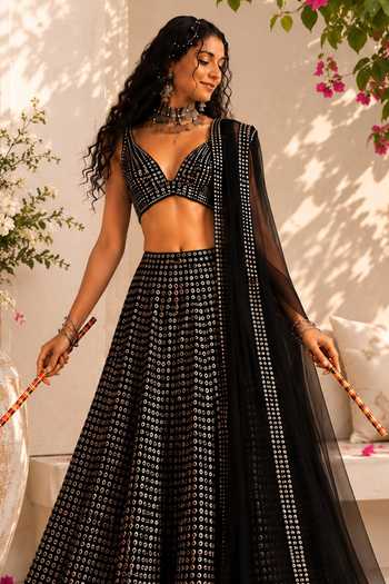 Monk & Mei By Sonia Anand_Black Georgette, Shantoon V-neck Gulzaar Emboridered Lehenga Set _Online_at_Aza_Fashions