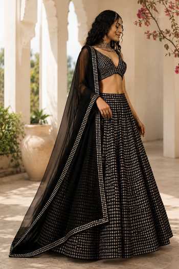 Shop_Monk & Mei By Sonia Anand_Black Georgette, Shantoon V-neck Gulzaar Emboridered Lehenga Set _Online_at_Aza_Fashions
