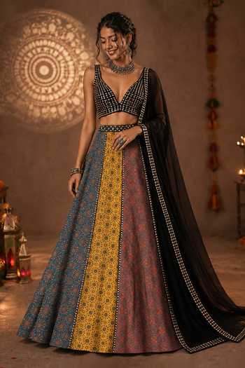 Buy_Monk & Mei By Sonia Anand_Black Georgette V-neck Rangnoor Embroidered Lehenga Set _Online_at_Aza_Fashions
