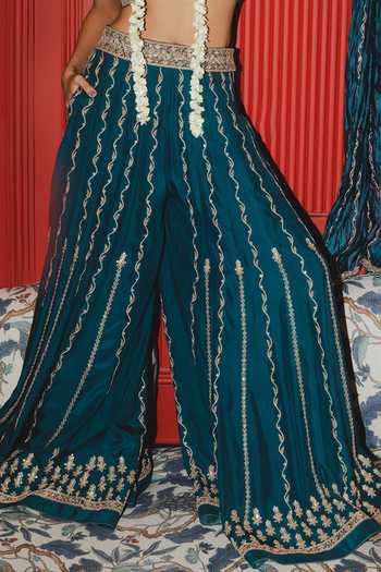 Punit Balana_Blue Silk, Organza Halter Neck Embroidered Blouse Sharara Set _Online_at_Aza_Fashions