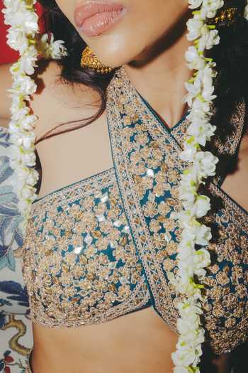 Buy_Punit Balana_Blue Silk, Organza Halter Neck Embroidered Blouse Sharara Set _Online_at_Aza_Fashions