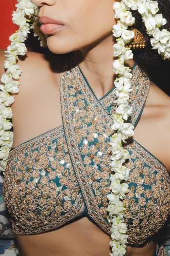 Shop_Punit Balana_Blue Silk, Organza Halter Neck Embroidered Blouse Sharara Set _Online_at_Aza_Fashions