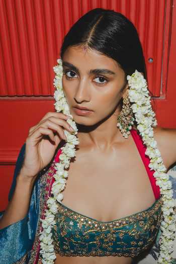 Punit Balana_Blue Silk, Tissue Halter Neck Teal Saree With Embroidered Blouse _Online_at_Aza_Fashions