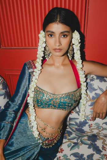 Buy_Punit Balana_Blue Silk, Tissue Halter Neck Teal Saree With Embroidered Blouse _Online_at_Aza_Fashions