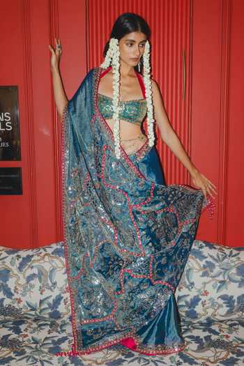 Punit Balana Teal Saree With Embroidered Blouse
