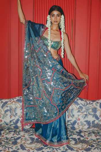 Punit Balana Teal Saree With Embroidered Blouse