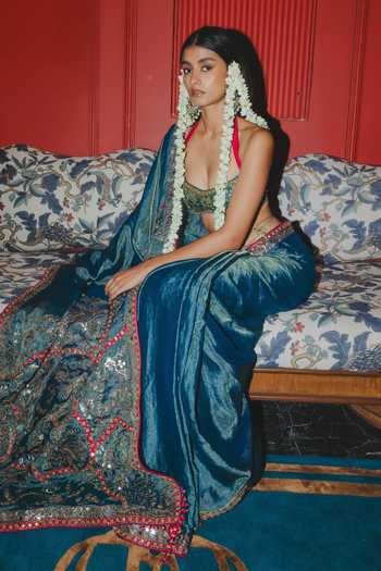 Shop_Punit Balana_Blue Silk, Tissue Halter Neck Teal Saree With Embroidered Blouse _Online_at_Aza_Fashions