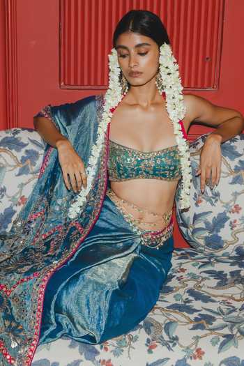 Punit Balana_Blue Silk, Tissue Halter Neck Teal Saree With Embroidered Blouse _at_Aza_Fashions