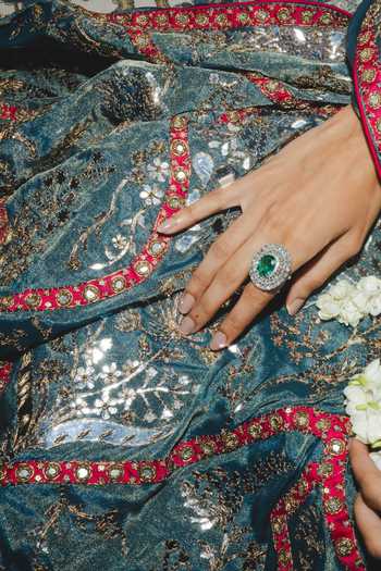 Buy_Punit Balana_Blue Silk, Tissue Halter Neck Teal Saree With Embroidered Blouse 
