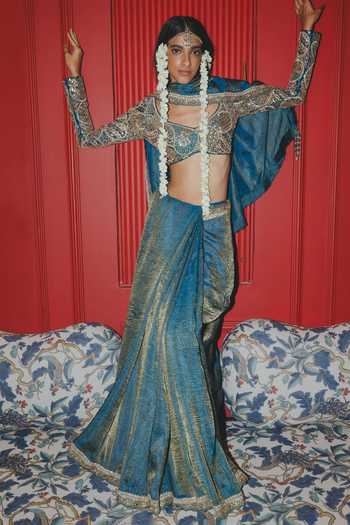 Punit Balana Teal Saree With Embroidered Blouse