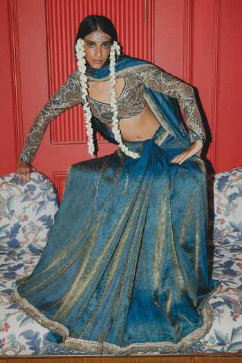 Punit Balana Teal Saree With Embroidered Blouse