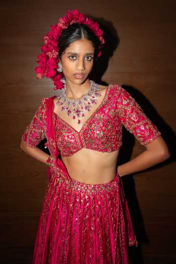 Shop Punit Balana Pink Silk, Organza Sweetheart Neck Raspberry Embroidered Lehenga Set Online at Aza Fashions Shop_Punit Balana_Pink Silk, Organza Sweetheart Neck Raspberry Embroidered Lehenga Set _Online_at_Aza_Fashions