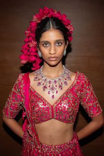 Punit Balana Pink Silk, Organza Sweetheart Neck Raspberry Embroidered Lehenga Set at Aza Fashions Punit Balana_Pink Silk, Organza Sweetheart Neck Raspberry Embroidered Lehenga Set _at_Aza_Fashions