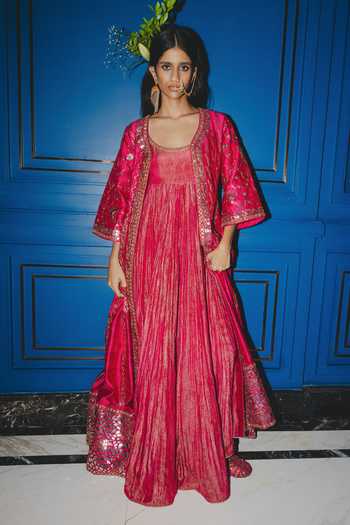 Punit Balana Raspberry Embroidered Anarkali & Jacket Set