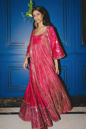 Punit Balana_Pink Silk, Tissue Raspberry Embroidered Anarkali And Jacket Set _Online_at_Aza_Fashions