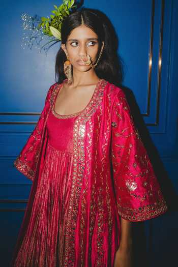 Buy_Punit Balana_Pink Silk, Tissue Raspberry Embroidered Anarkali And Jacket Set _Online_at_Aza_Fashions
