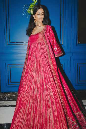 Shop_Punit Balana_Pink Silk, Tissue Raspberry Embroidered Anarkali And Jacket Set _Online_at_Aza_Fashions