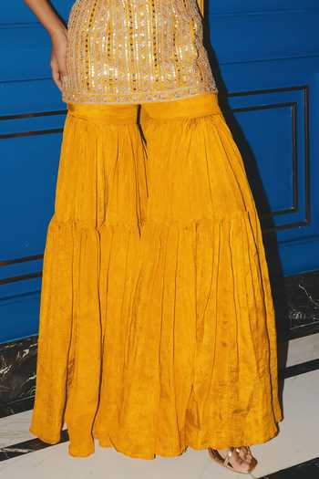 Buy_Punit Balana_Yellow Tissue, Silk, Organza Noor Mirror Work Embroidered Kurta Gharara Set _Online_at_Aza_Fashions